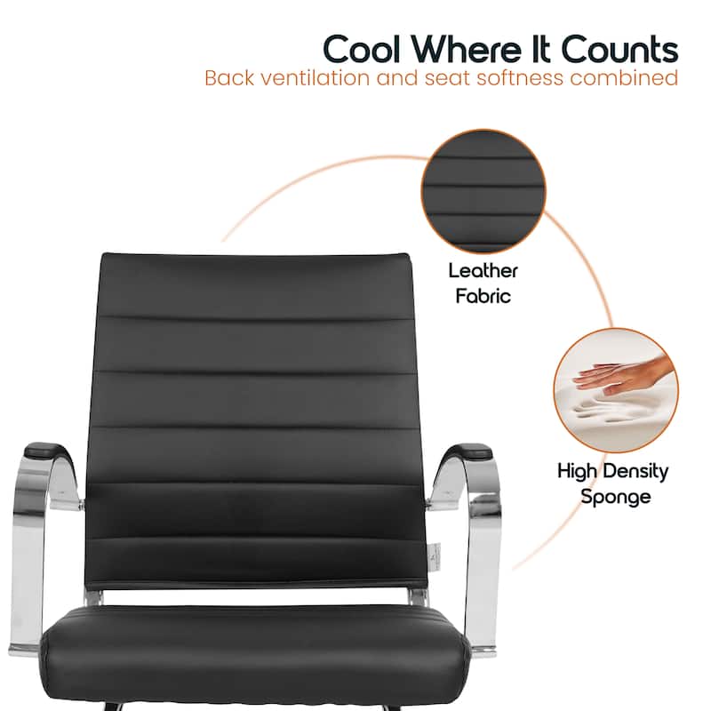 Benmar Series Mid Back Modern Leather Office Executive Desk Chair, Ergonomic Seating with Stainless Steel Sled Base