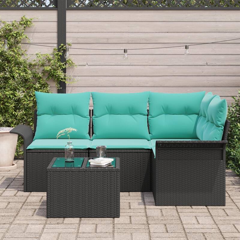 vidaXL 4/5-Seater Garden Sofa with Cushions Black/Brown/Grey Poly Rattan - 52.2 x 73.8 x 27.2