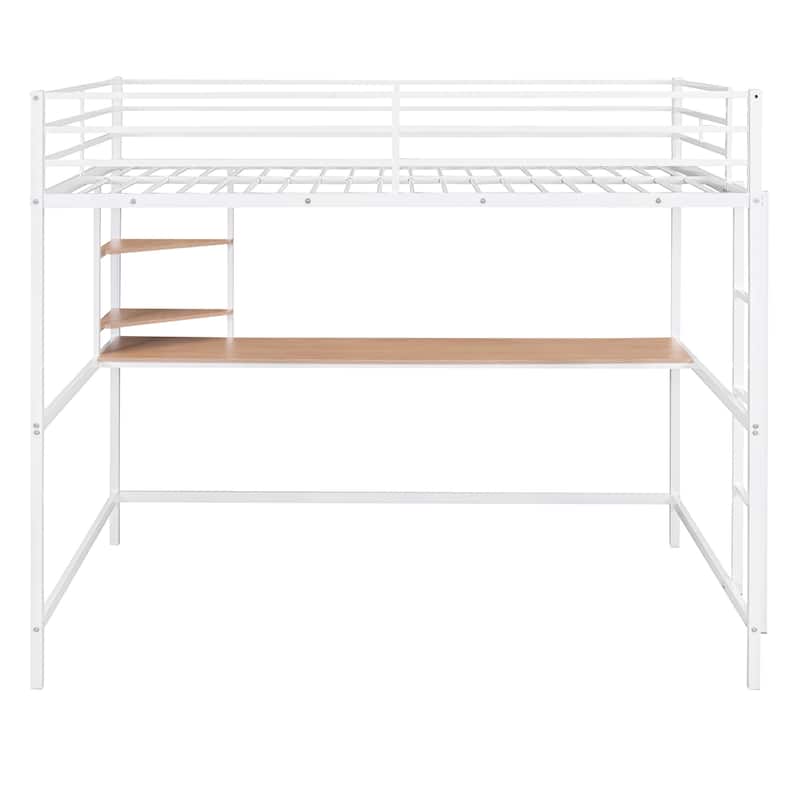 Full Size Metal Loft Bed with Desk, Ladder and Shelve for Kids, Teens, Girls, Boys
