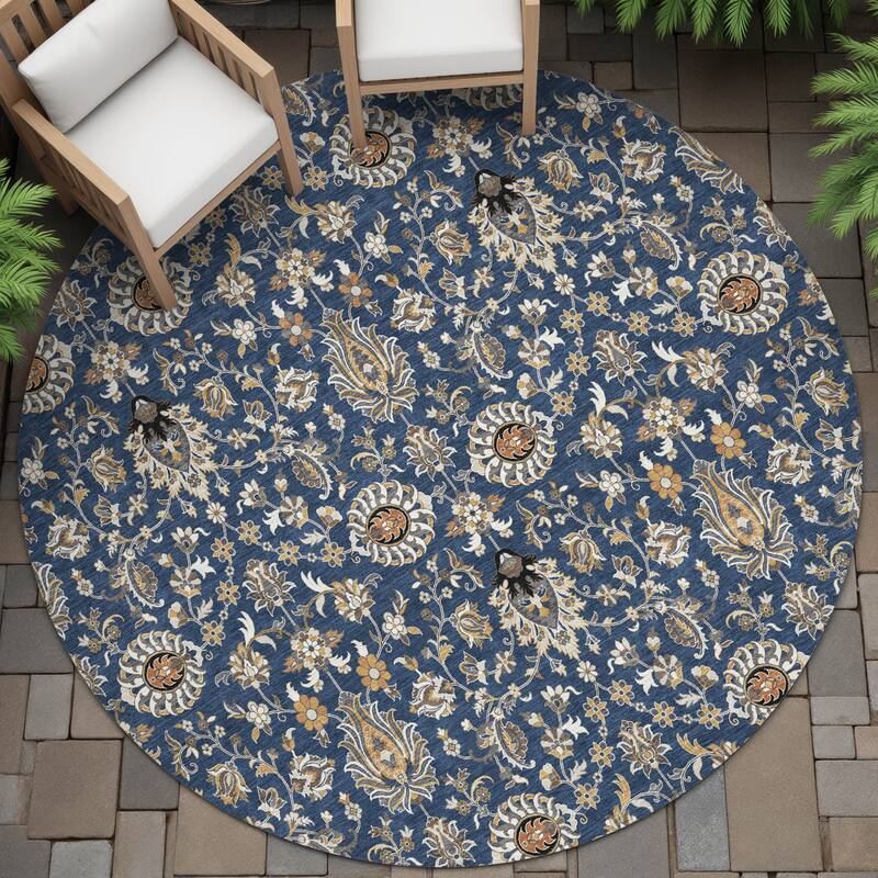 Machine Washable Indoor/Outdoor Traditional Persian Chantille Rug - Navy - 8' x 8'