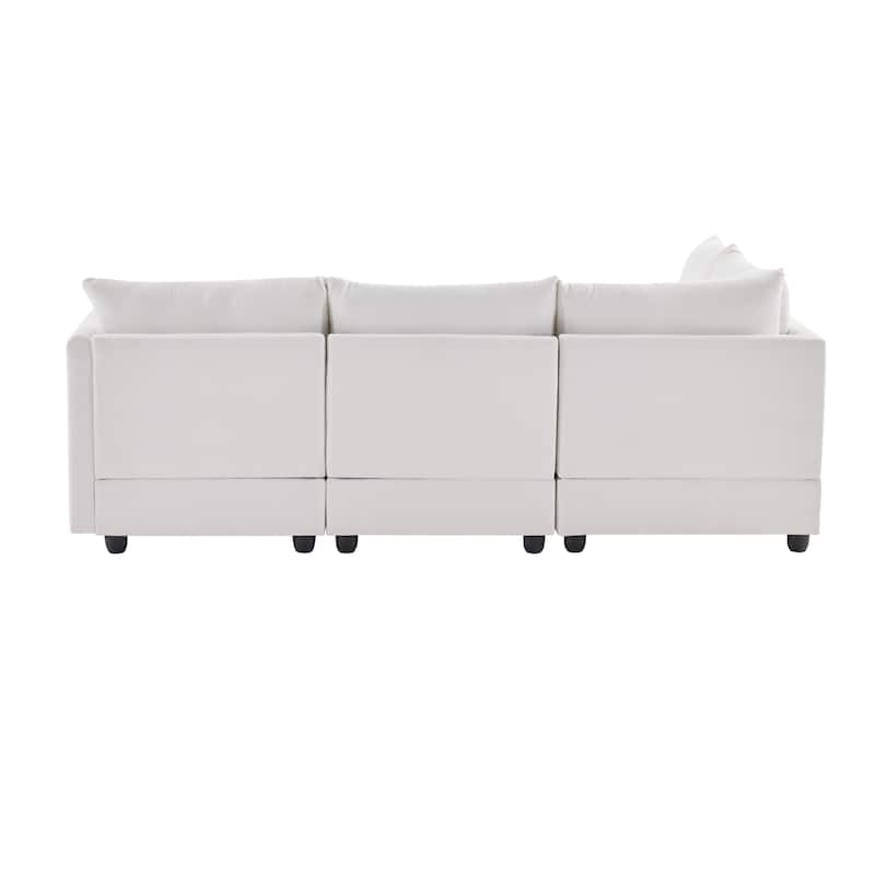 89x79x32" White 5-Seat Sectional Sofa with Ottoman, Stripes, 2 Pillows, L-Shape, Living Room