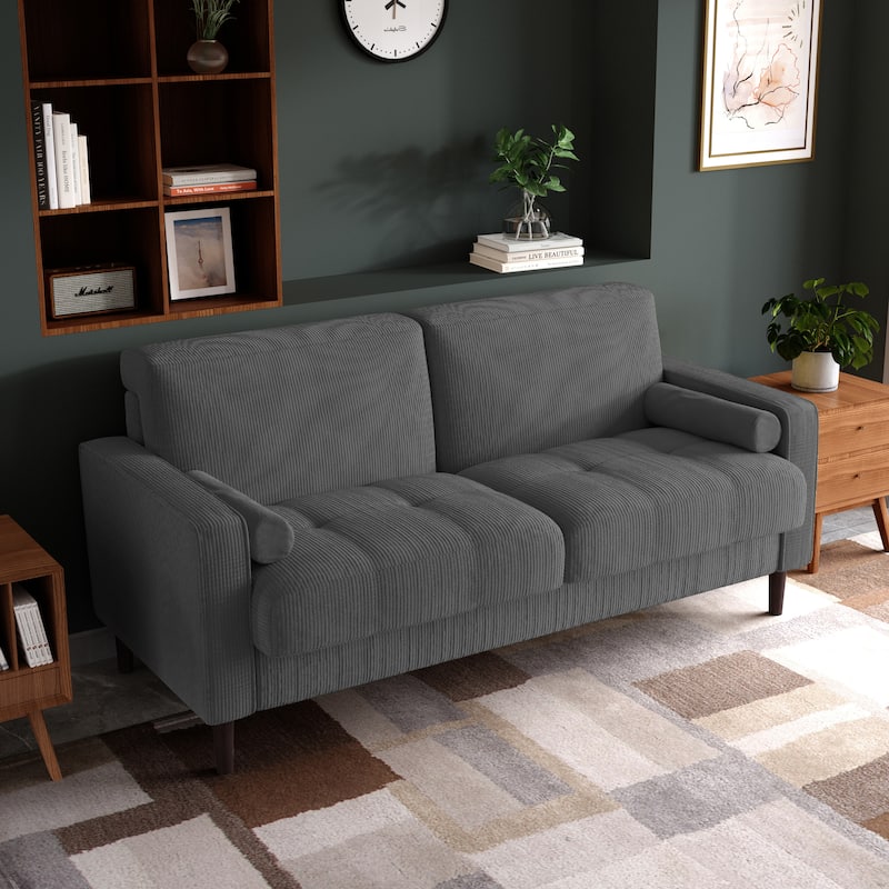 Modern Corduroy Upholstered 2 Seater Sofa with Bolster Pillows