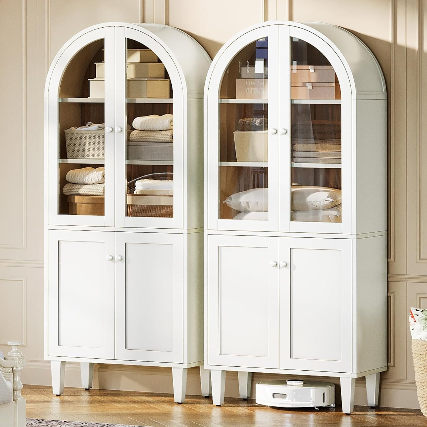 5-Tier White Wood Farmhouse Arch Storage Cabinet, 68 Inches Bookcase with Doors & Adjustable Shelves