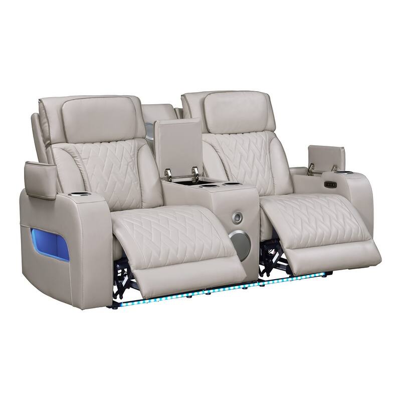 Jazz Leather Aire Pwr Reclining Sofa & Loveseat Set w/Pwr Headrest, BT Spkrs, LED, Wireless Chrg Drop Tbl, USB, Strg & Cuphldrs