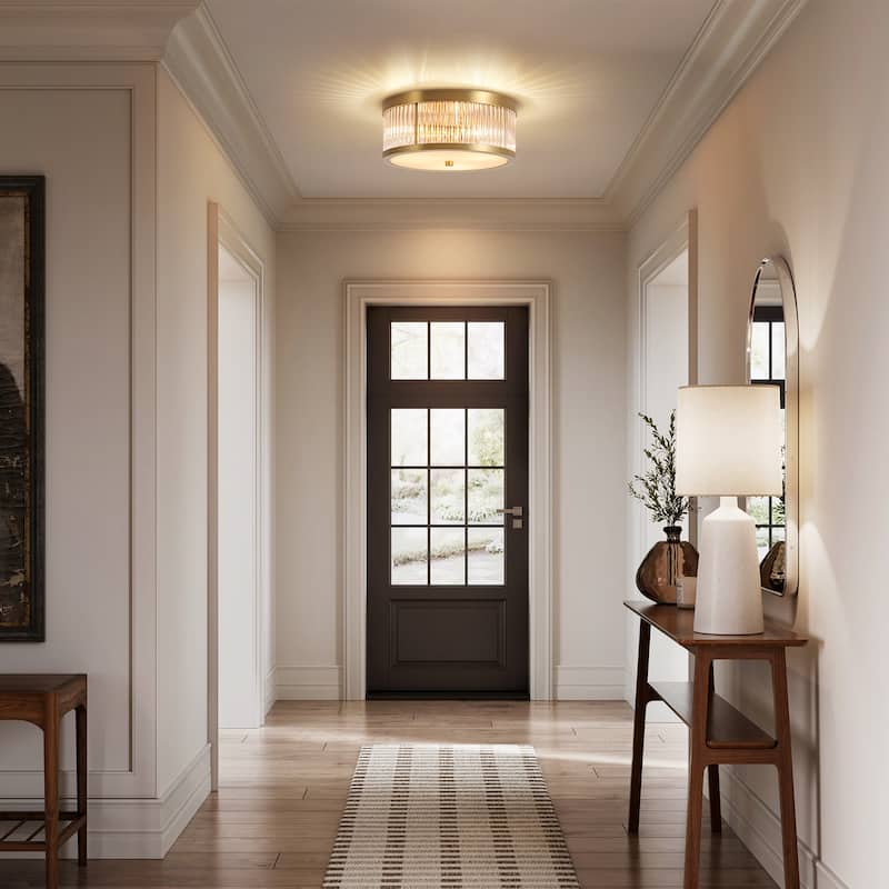 12.20 in. 3-Light Modern Industrial Round Drum Flush Mount Ceiling Light with Clear Glass Rods