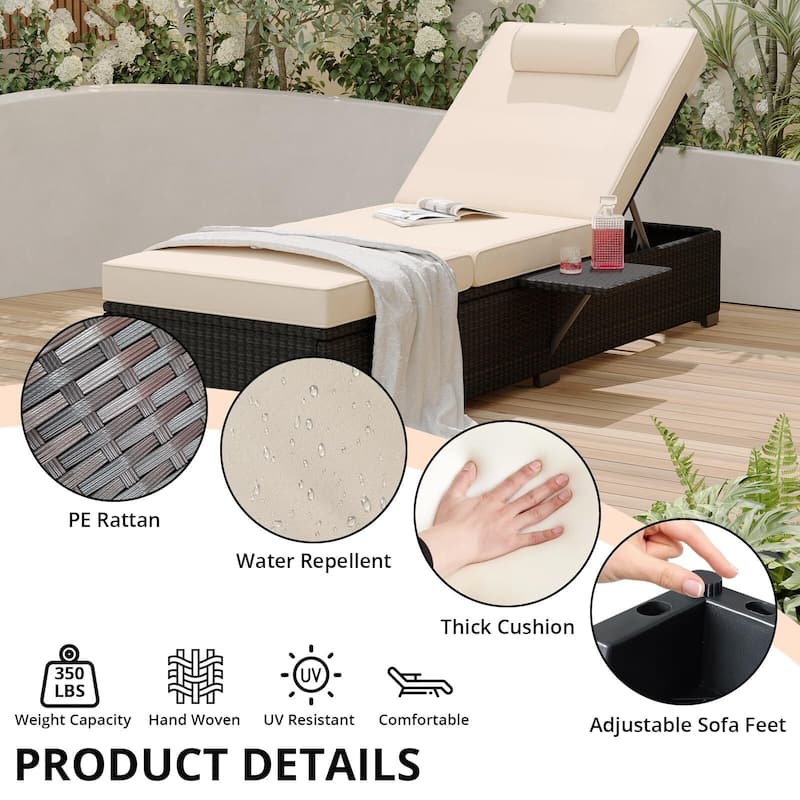 PE Rattan Chaise Lounge Chair Set of 2, 2.3 in Thicken Cushion