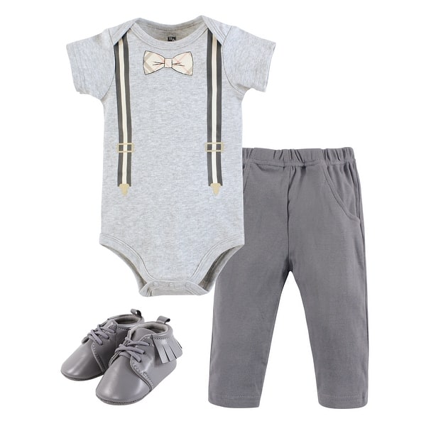 slide 1 of 1, Hudson Baby Infant Boy Cotton Bodysuit, Pant and Shoe Set, Plaid Bow Tie 0-3 Months - Plaid Bow Tie