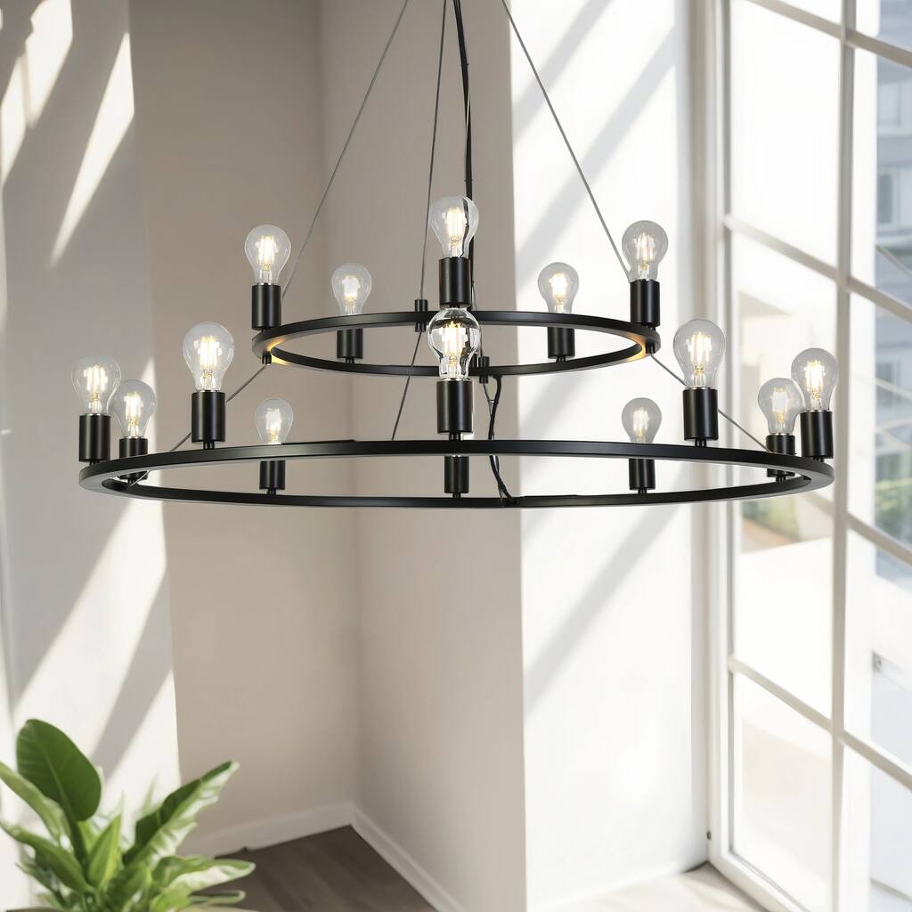 Oriea Farmhouse Black 15-Light Large Wheel Chandelier Modern Industrial Classic Candle Light - D 39.4" x H 10.2"