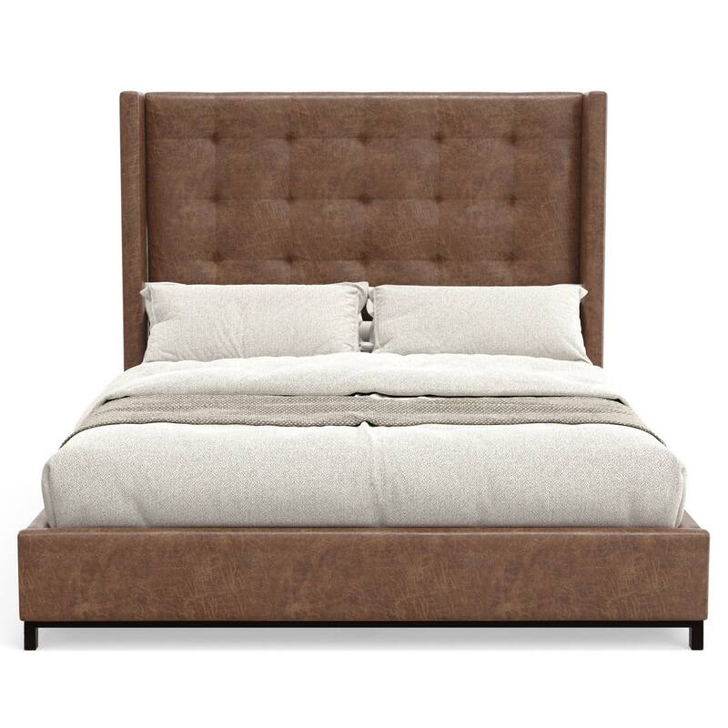 Tufted Wingback Bed - Faux Suede Platform Bed with Slats - Brown & Black