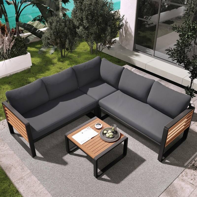 4-Piece L-Shaped Outdoor Patio Sectional Sofa Set with Metal and Wood Frame and Soft Cushions for Comfortable Seating