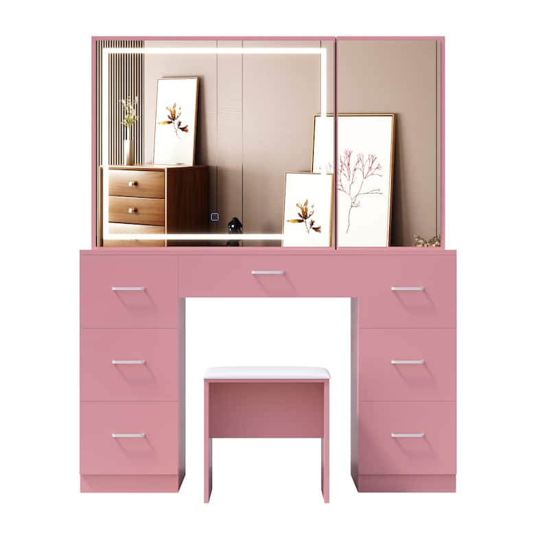 Vanity Set with Lighted Mirror,Extra Large Mirror Makeup Vanity Table with 7 Drawers,white