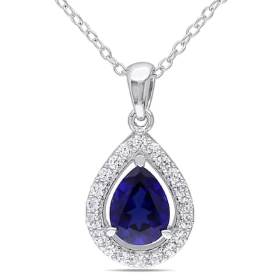 Miadora Sterling Silver 2 1/5ct TGW Created Blue and White Sapphire Halo Teardrop Necklace - 21 mm x 18 in x 11 mm
