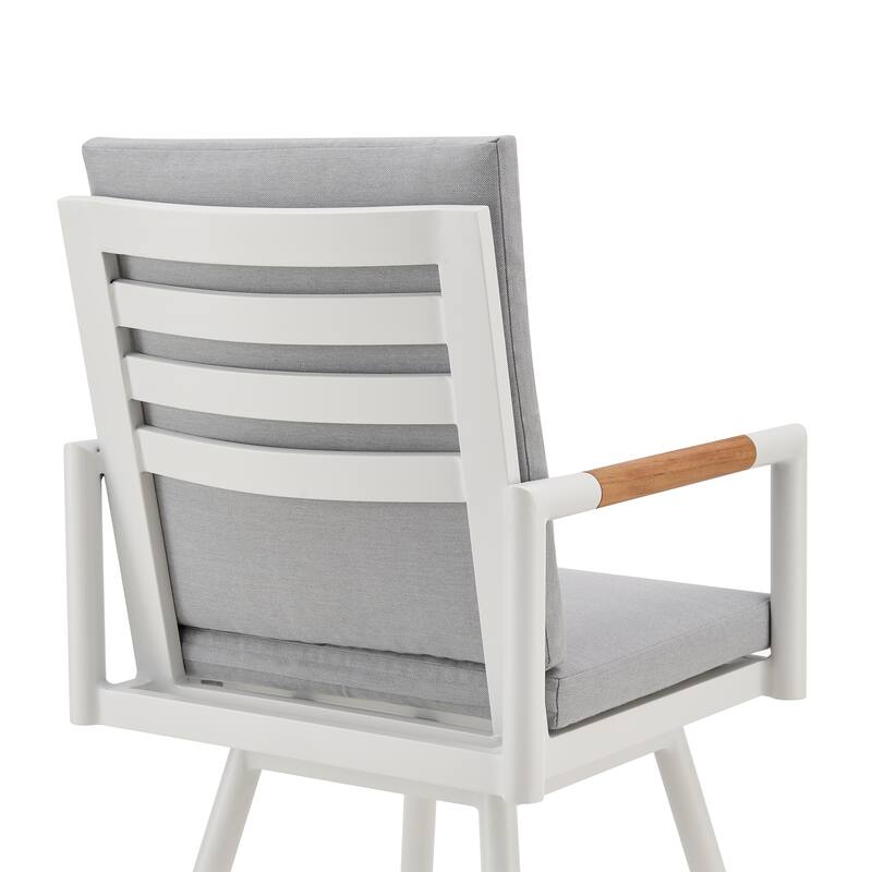 Crown Outdoor Patio Swivel Bar Stool in Black Aluminum with Wood Accent and Dark Gray Cushions
