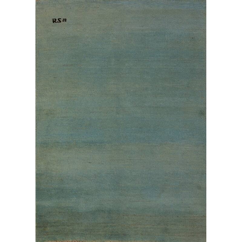 Green & Blue Gabbeh Modern Rug Handmade Stripe Wool Carpet - 3'4" x 4'10"