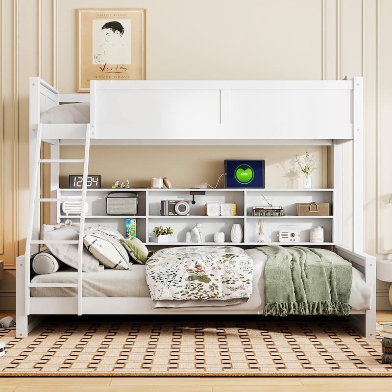 Wood Twin XL over Queen Bunk Bed with Shelves, Storage Cabinets, USB Ports, Bunk Bed Frame w/Slats Support, No Box Spring Needed