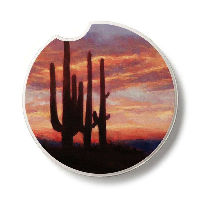 Saguaro Sunset 2 Pack Absorbent Stone Coaster for Vehicle Cup Holder 2.6” Diameter Manufactured in The USA - Multi