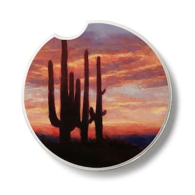 Saguaro Sunset 2 Pack Absorbent Stone Coaster for Vehicle Cup Holder 2.6” Diameter Manufactured in The USA