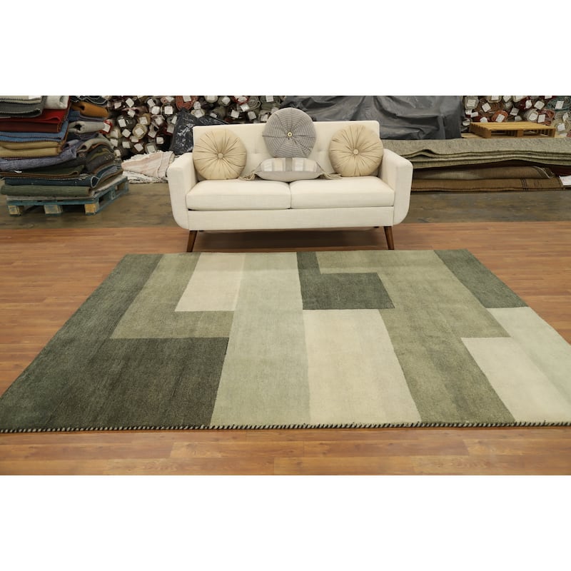 Hand Knotted Oriental 100% Wool Carpet Modern Geometric Green Gabbeh Area Rug - 7' 10'' X 6' 7''