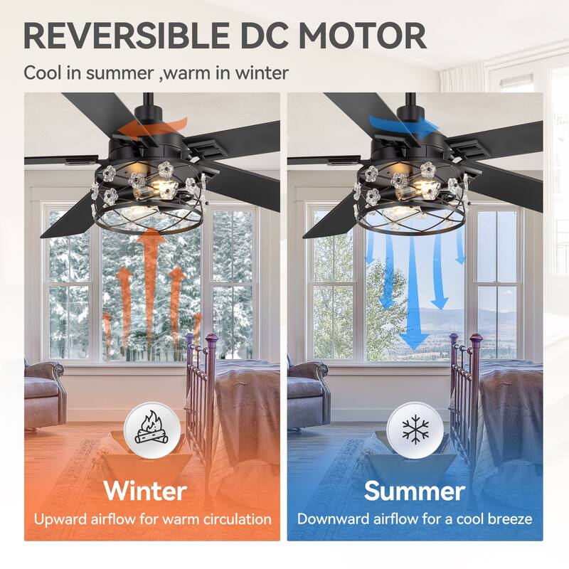 52" Black Wood Modern Floral Indoor Ceiling Fan Chandelier with Remote