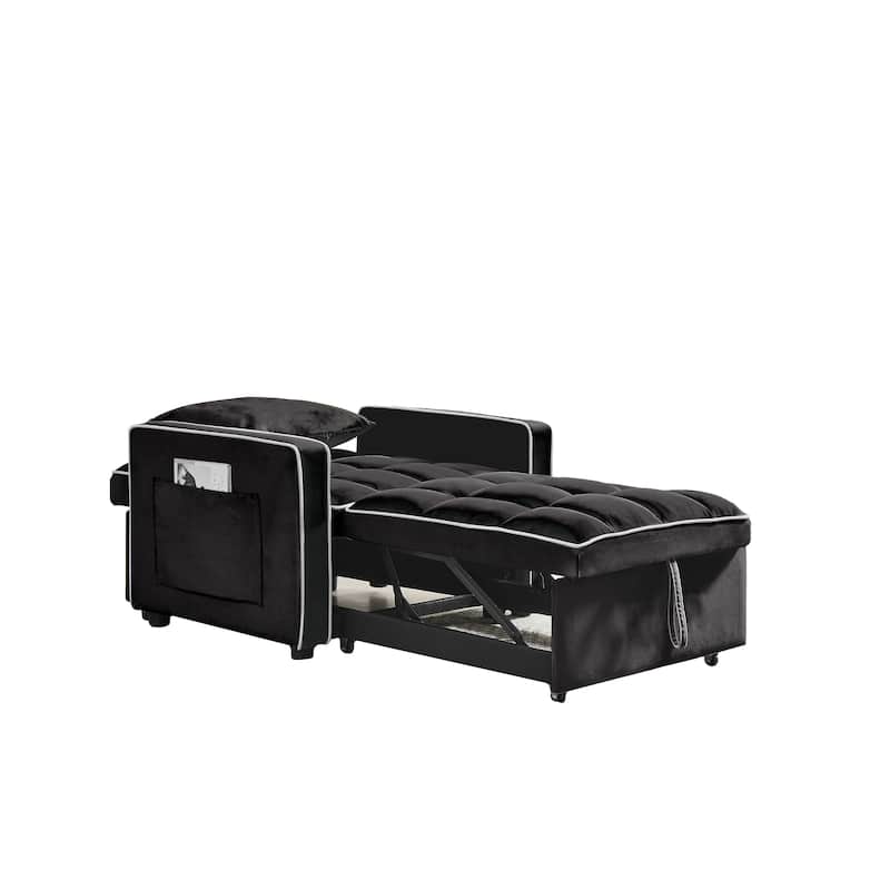 Black Modern 35.43" 3 in 1 Single Velvet Sofa Bed with Adjustable Back and Pocket for Living Room