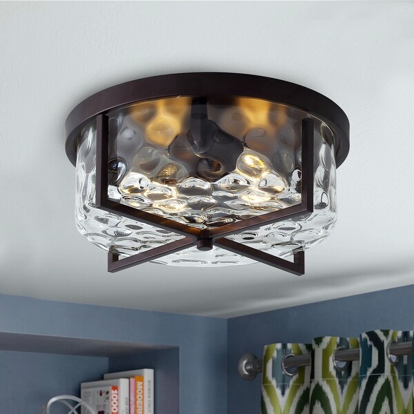 Vintage Oil Rubbed Bronze 2 Light Drum Shape Water Ripple Glass Ceiling Lamp On Sale Bed Bath Beyond 36983873