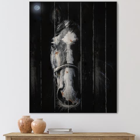 Designart 'Horse Staring Sinister' Farmhouse Print on Natural Pine Wood