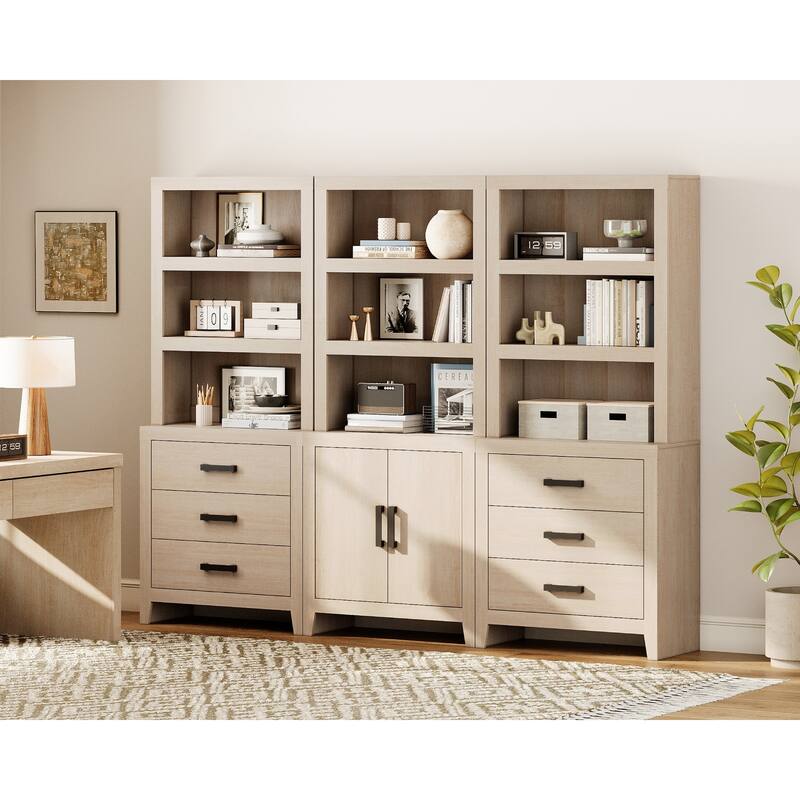 WAMPAT 74" 3-Piece Bookcase, Farmhouse Storage with Doors & Drawers - Beige