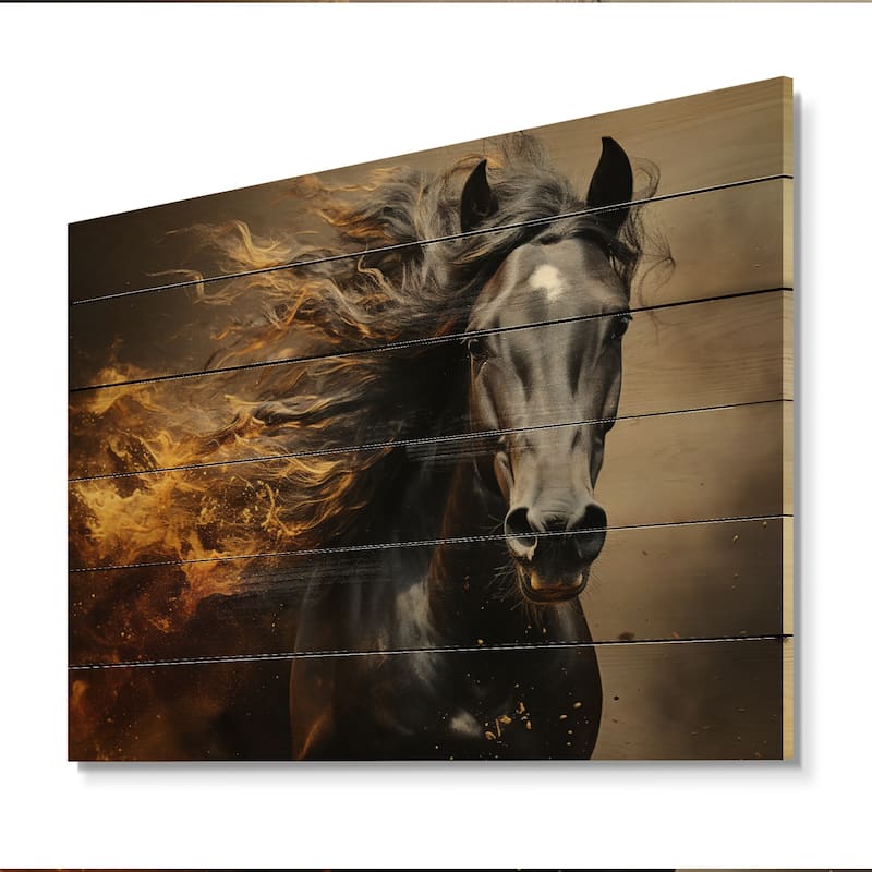 Designart "Black Yellow Horse Vibrant Gold Equine I" Animals Print on Natural Pine Wood