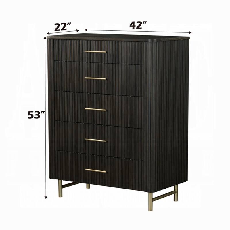 Jeh Tall Dresser Chest, 5 Drawers, Espresso Brown Wood and Gold Metal
