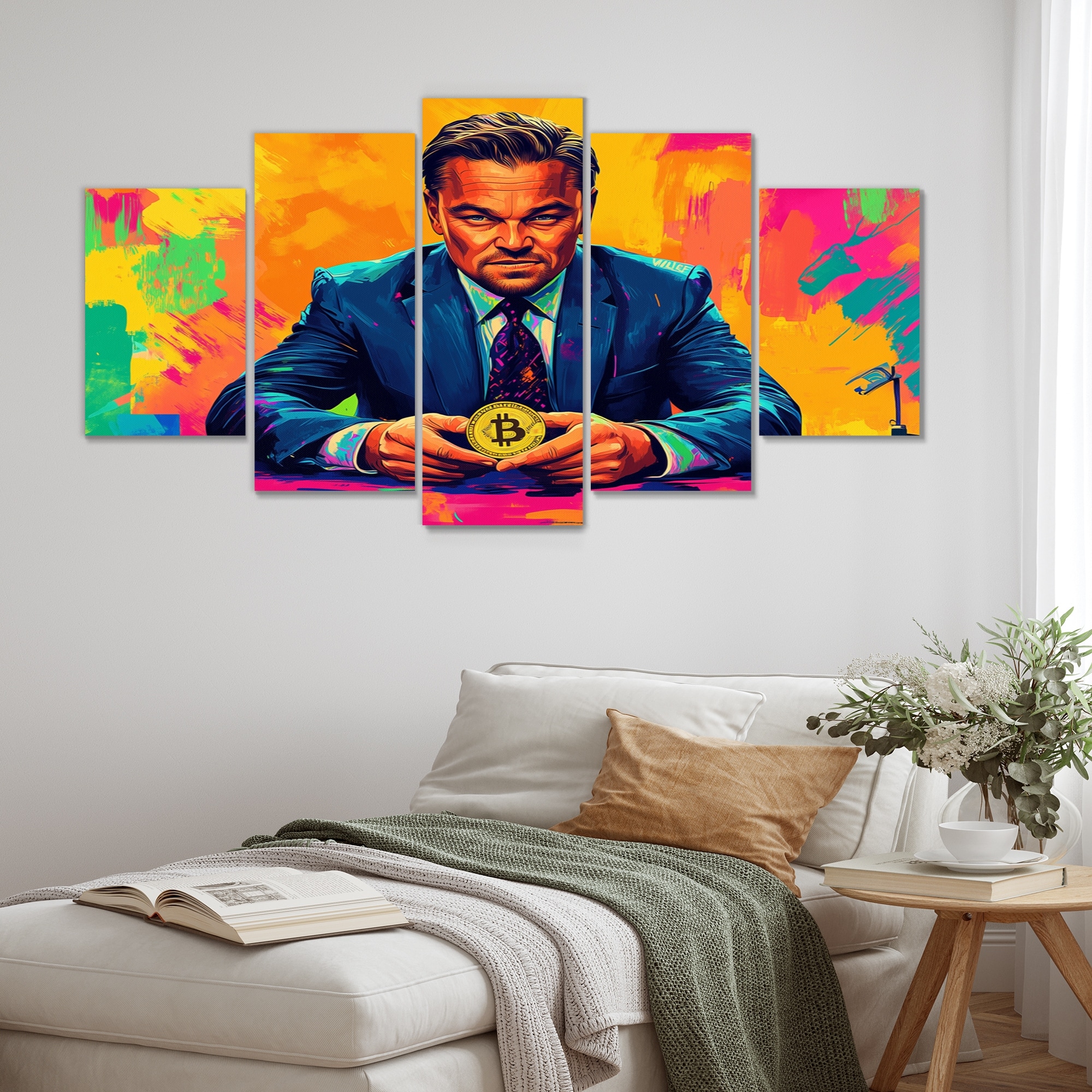Designart - Popart Bitcoin Leonardo Dicaprio - Wolf of Wall Street Canvas  Wall Art Set - Oversized Glam Wall Decor