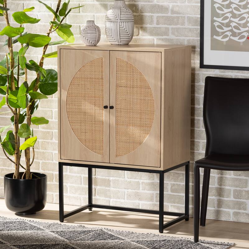 Ardon Bohemian Wood Storage Cabinet with Natural Rattan-Accented doors