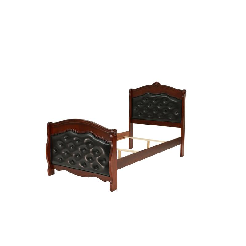 Dark Cherry Twin Size Bed Youth Bedroom Furniture Espresso Faux Leather Headboard Footboard Plywood 1pc Bedframe