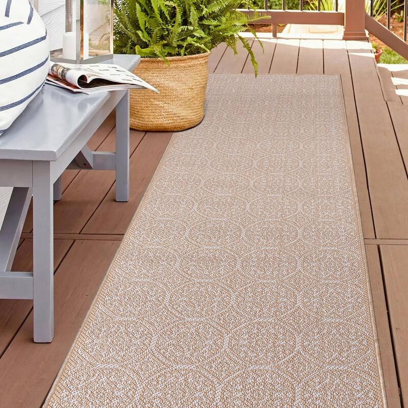 World Rug Gallery Transitional Floral Circles Textured Flat Weave Indoor/Outdoor Area Rug - 2'x7' Runner - Natural