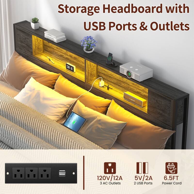 Storage Headboard Platform Bed Frame with Charge Station and LED Light