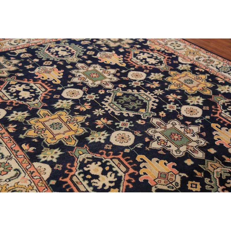 Navy Blue Geometric Oushak Indian Area Rug Handmade Wool Carpet - 8'0"x 10'1"