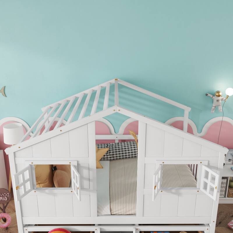 Full Size House Loft Bed with 4 Drawers with Safety Guardrails and Ladder