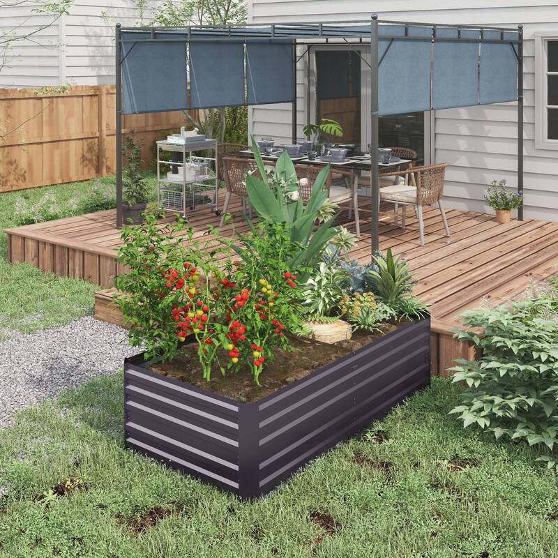 Countryside Style Garden Bed with Metal Planter Box Open Bottom, for Vegetables Flowers and Herbs, Dark Brown - 8' x 10'