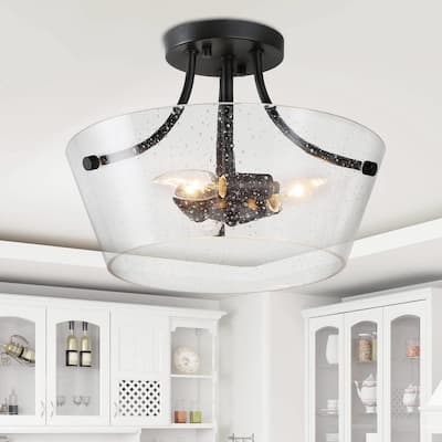 Modern Drum 3-Light Semi-Flush Mount with Seeded Glass - D13"x H10"