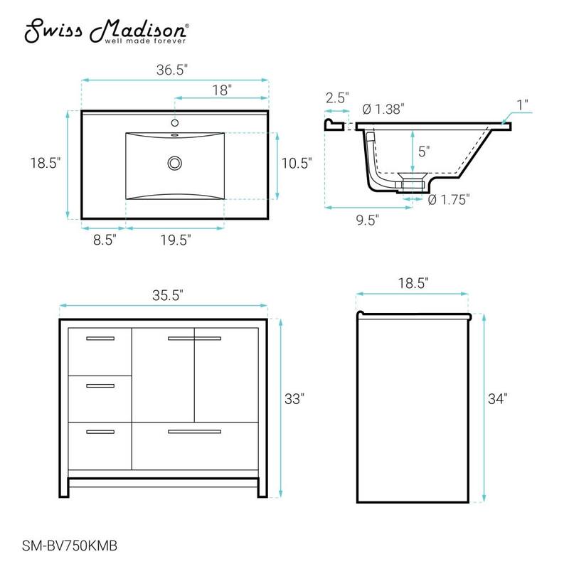Swiss Madison SM-BV750 Virage 37" Free Standing Single Basin Vanity