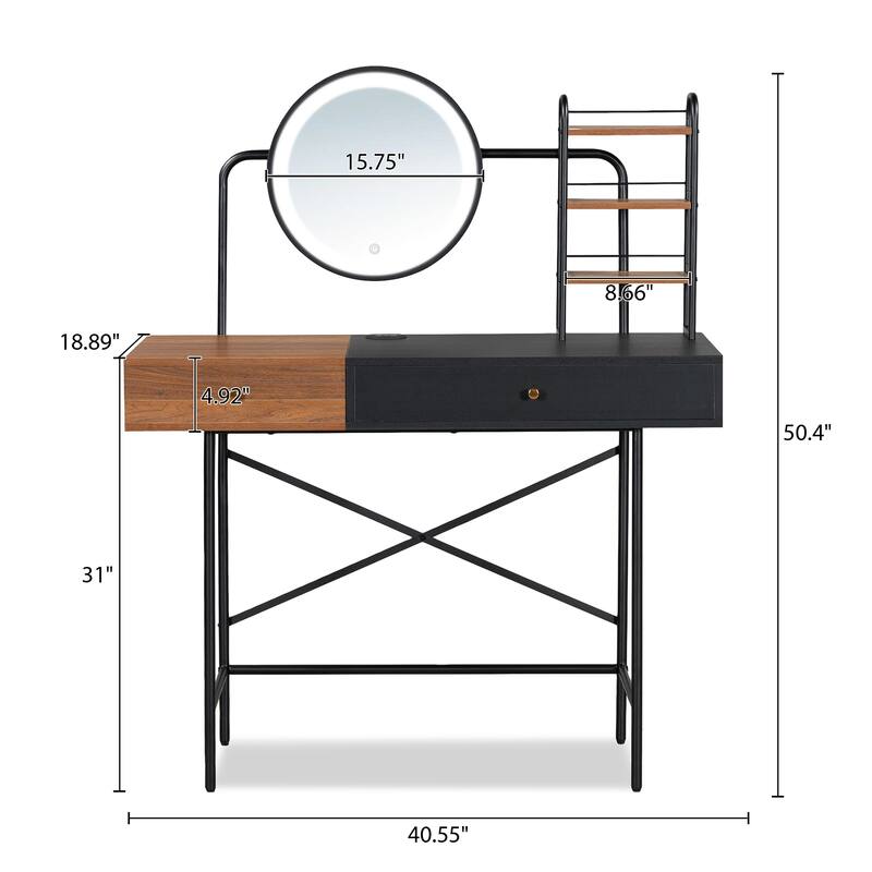 Vanity Desk with Charging Station, Makeup Table with 3-Mode Lighted Mirror, Dressing Table Set with Drawer and 3 Open Shelves