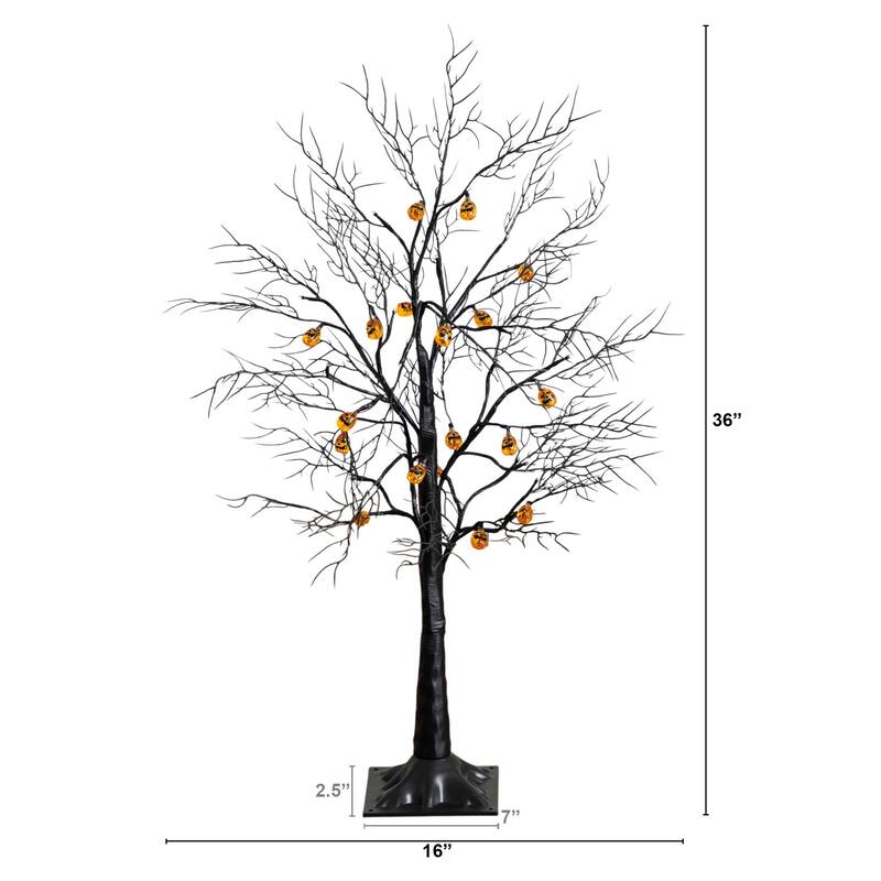 Pre-Lit Pumpkin Artificial Halloween Black Twig Tree - 3' - Orange LED Lights
