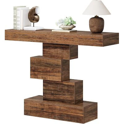 Brown Farmhouse Console Table 47 Inch E1 Particle Board Entryway Sofa Accent Table with Geometric Base