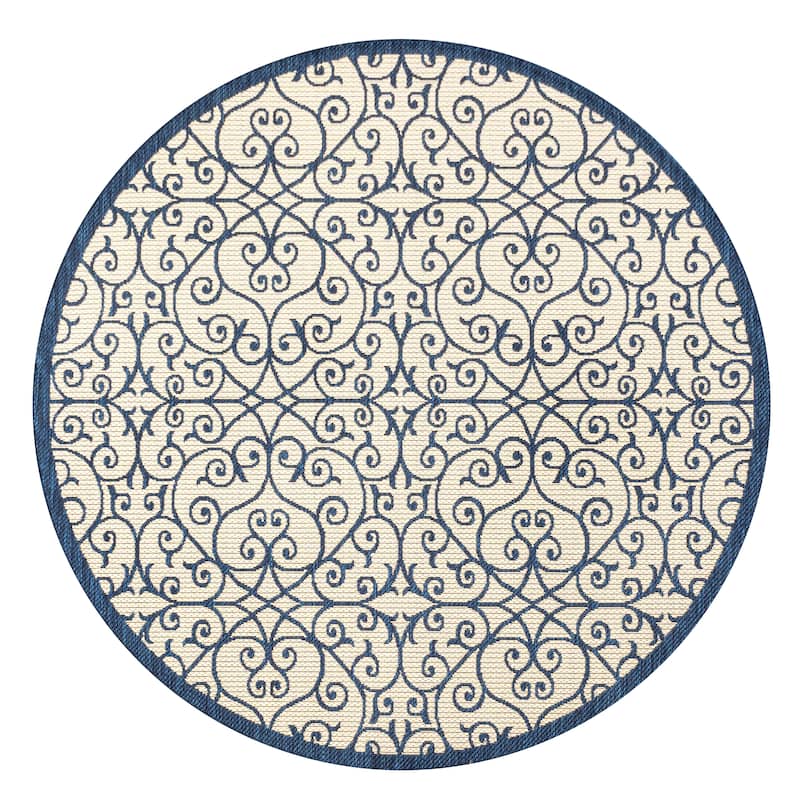 JONATHAN Y Ourika Textured Weave Indoor/Outdoor Area Rug - 5' Round - Navy/Beige
