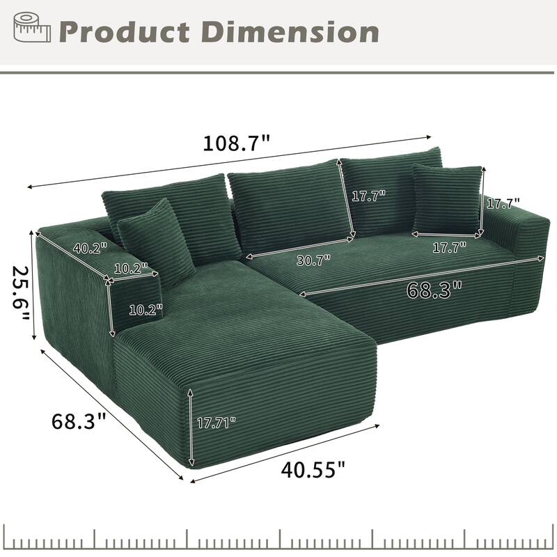 Modular Sectional Cloud Sofa with L-Shape Chaise, Oversized Corduroy Upholstered Boneless Sofa, Corner Sofa with Deep Seat