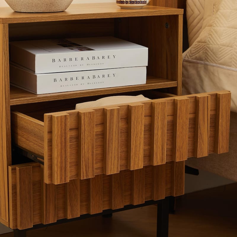 Mid Century Woodgrain Nightstand Pair 2 Drawers Bedside Table