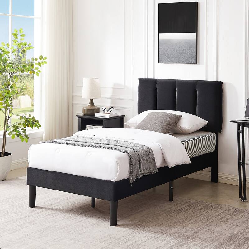 Upholstered Velvet Upholstered Bed Frame with Adjustable Height Headboard No Box Spring Needed Platform Bed Under Bed Storage - Black - Twin