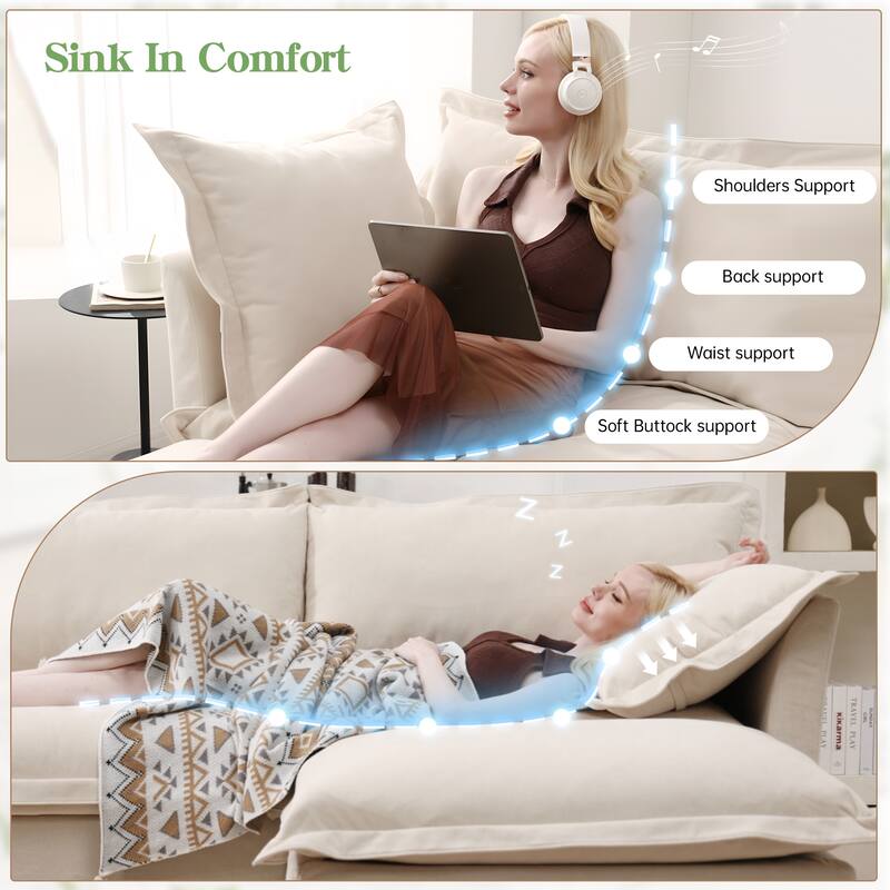 Slipcovered Chenille 2-Seater Sofa Couch with Convertible Ottoman & Soft Big Pillows