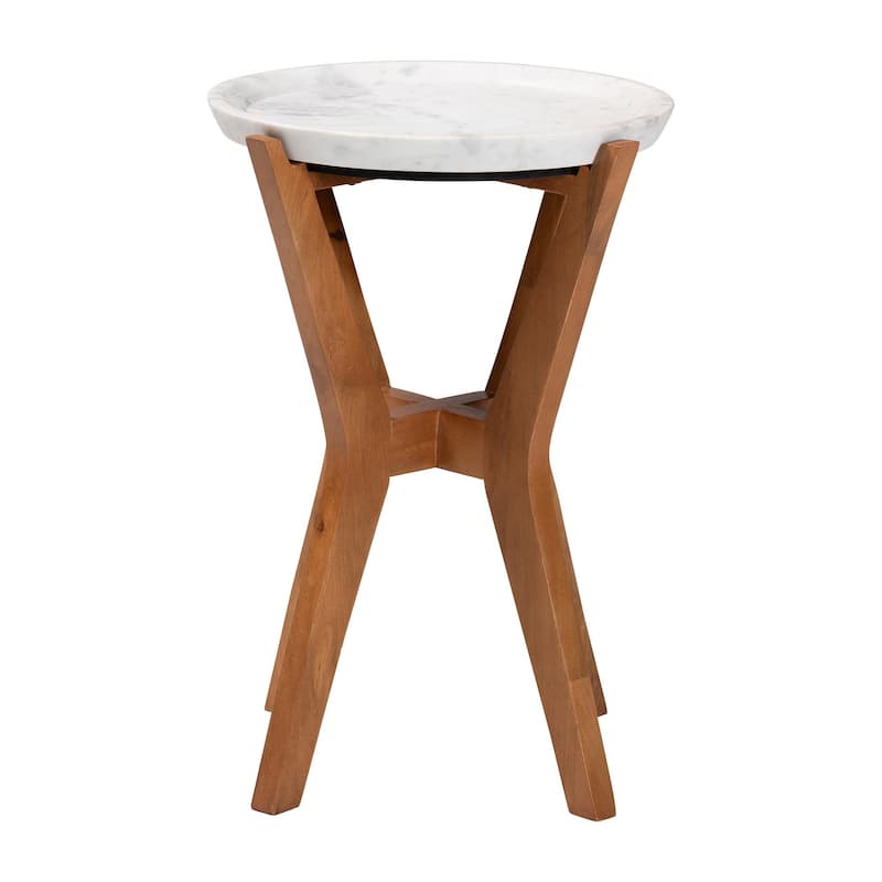 Phaedra Round Marble End Table - Modern Accent Table with Mango Wood Frame and Tray Tabletop for Living Room or Seating Area