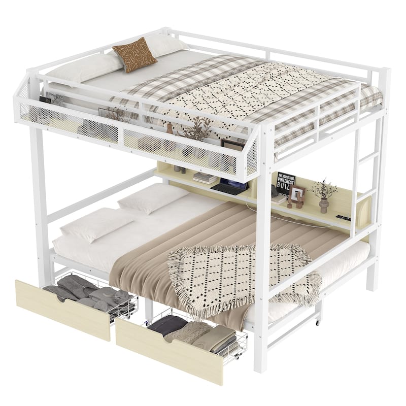 Queen over Queen Bunk Bed with Storage Shelves & Drawers, USB Ports & LED Lights, Convertible Sofa Lower Bed