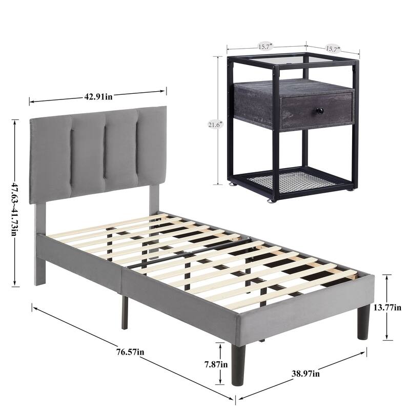 VECELO, Five Colors, 3-Pieces Tufted Upholstered Platform Bed Frame with Adjustable Height Headboard and Nightstands Set of 2